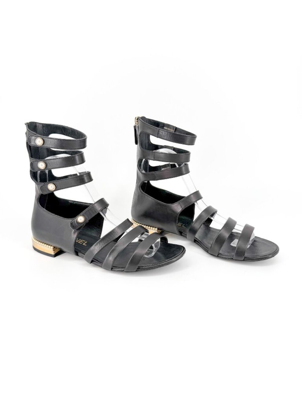 Chanel Pearl Gladiator Sandals Black Leather Size 37.5 US 6.5-7 Women’s Flat
